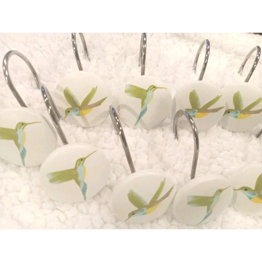 New Set‎ of 12 Humingbird Shower Curtain Hooks Whimsical Cottage Coastal Garden